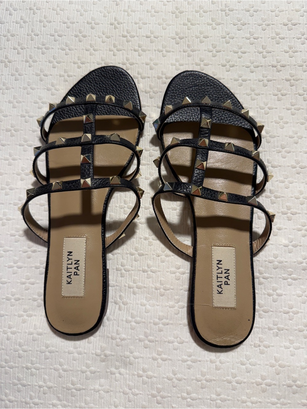 Kaitlyn Black Multi-Strap Pyramid Stud Slide Sandals 7
